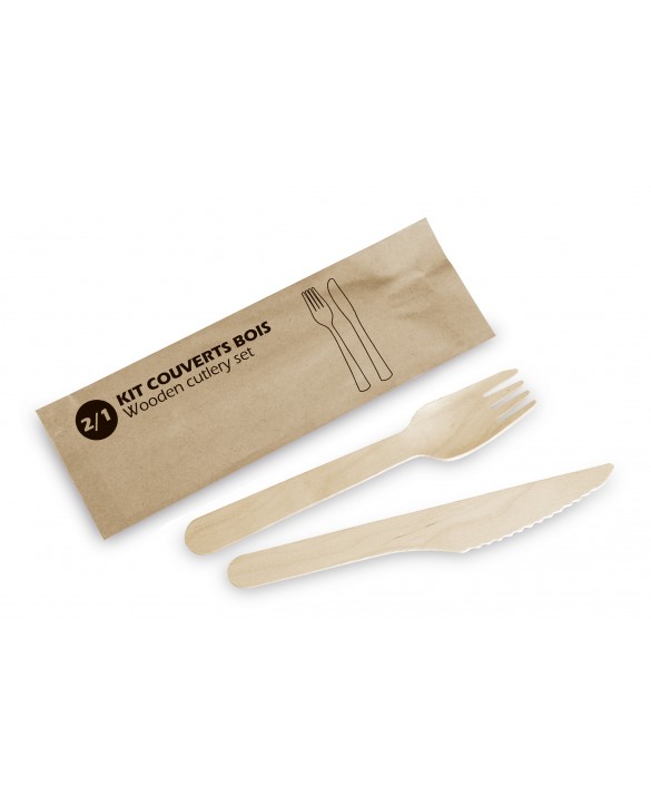 Kit couvert jetable en bois avec fourchette et couteau